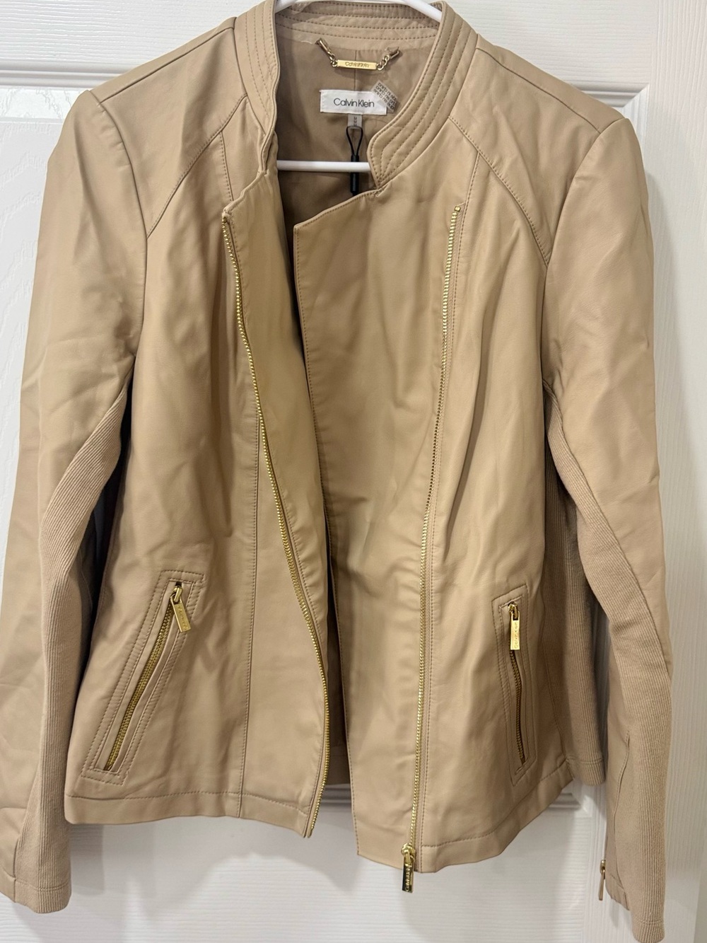 Calvin Klein Women's Tan Leather Moto Jacket